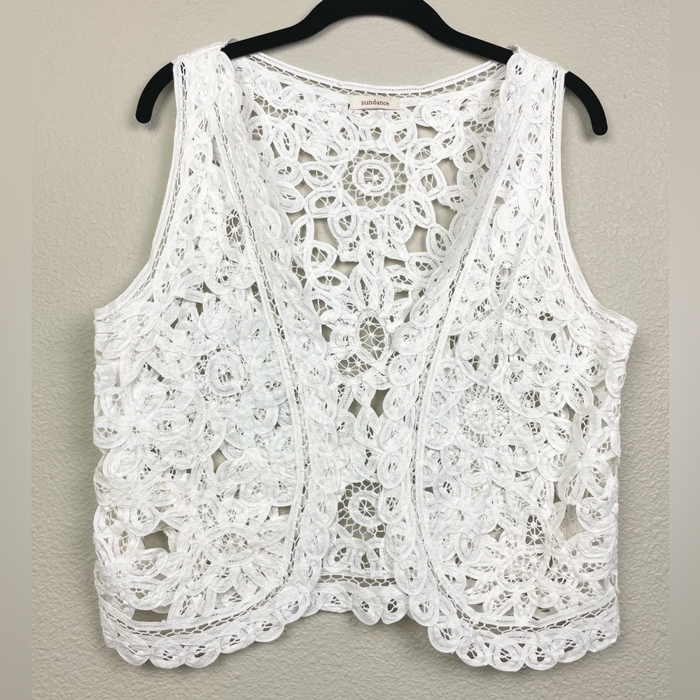 Sundance Women's OS Crochet Doiley Style Vest Gillet Open Front White Dainty Lac